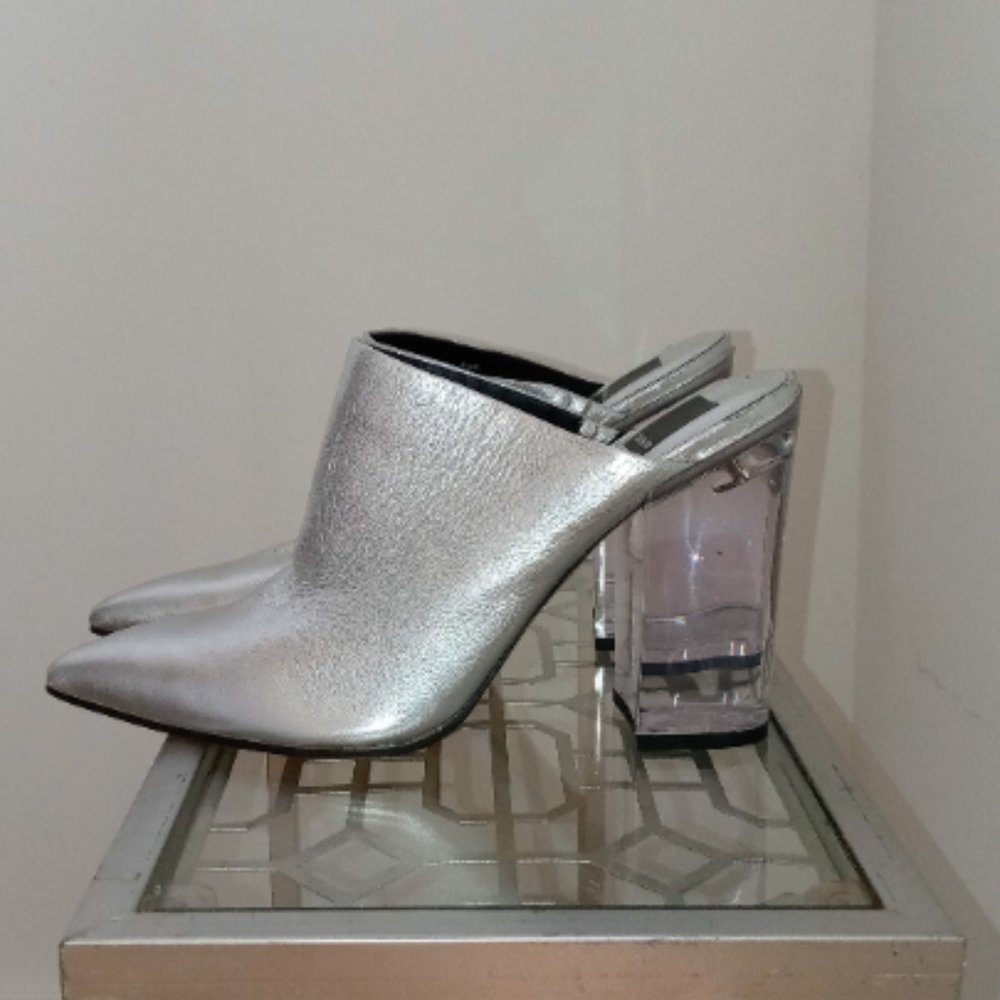 Silver Leather Mules, Clear Block Heel, Size 8.5